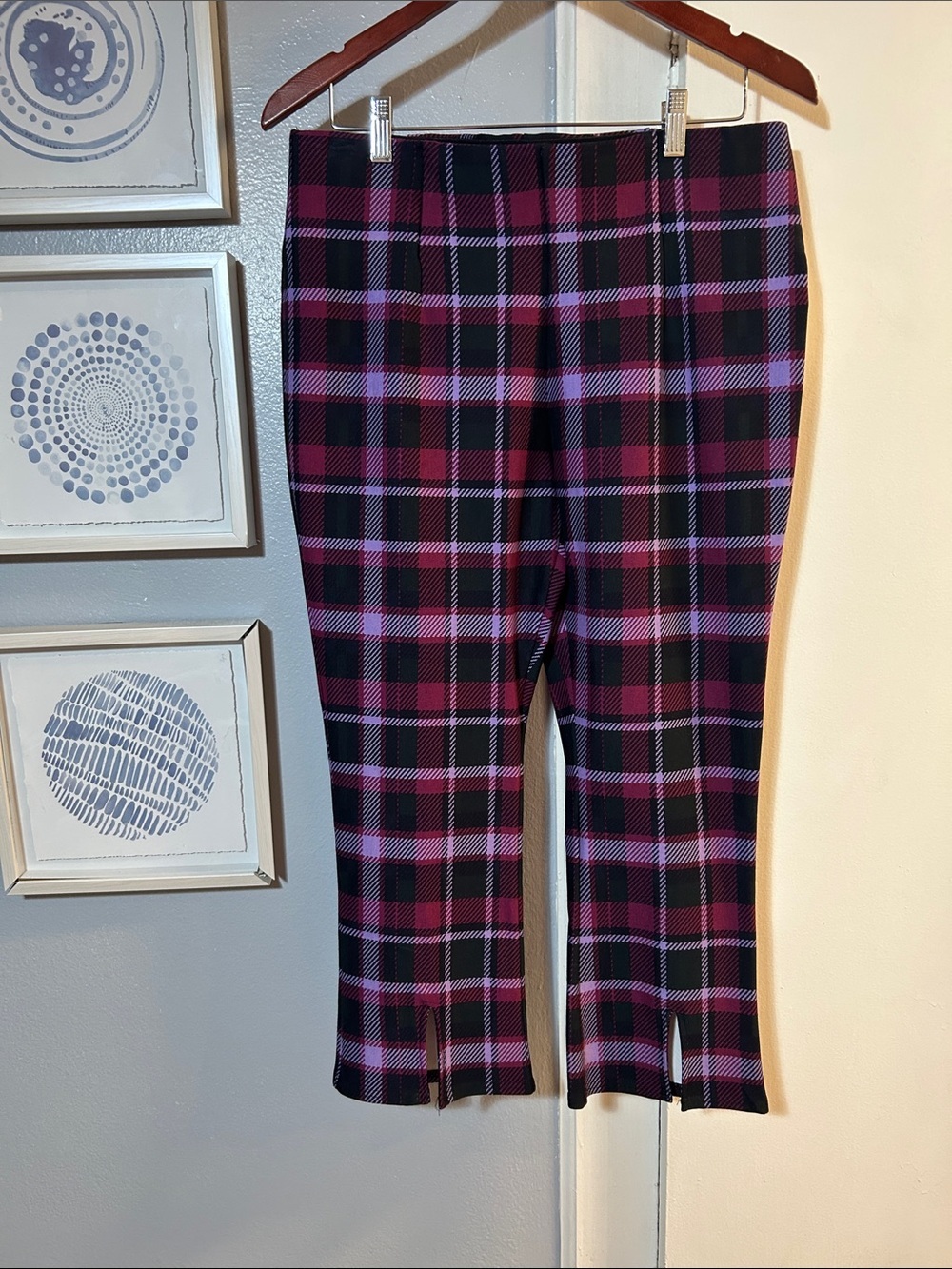 Investments Slim Factor Kick Flare Split Hem Plaid Tartan Pattern Pants Size L